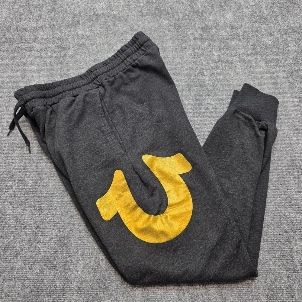 True Religion Men's Joggers Large Charcoal Gray Gold Horseshoe Logo Sweatpants